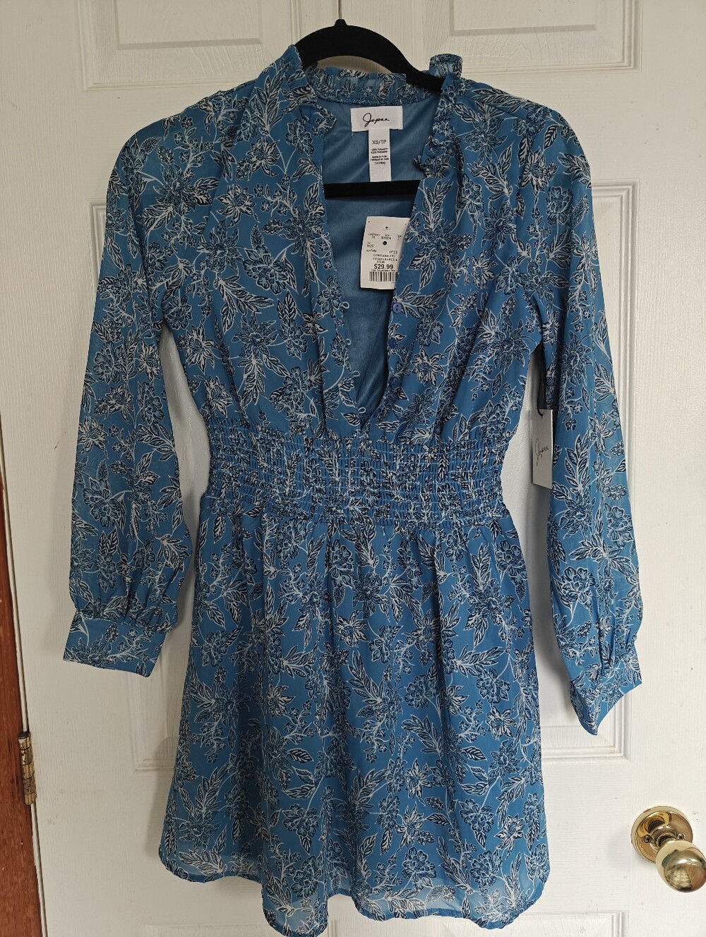 NWT Japna Blue Floral Smocked Waist Long Sleeve Dress